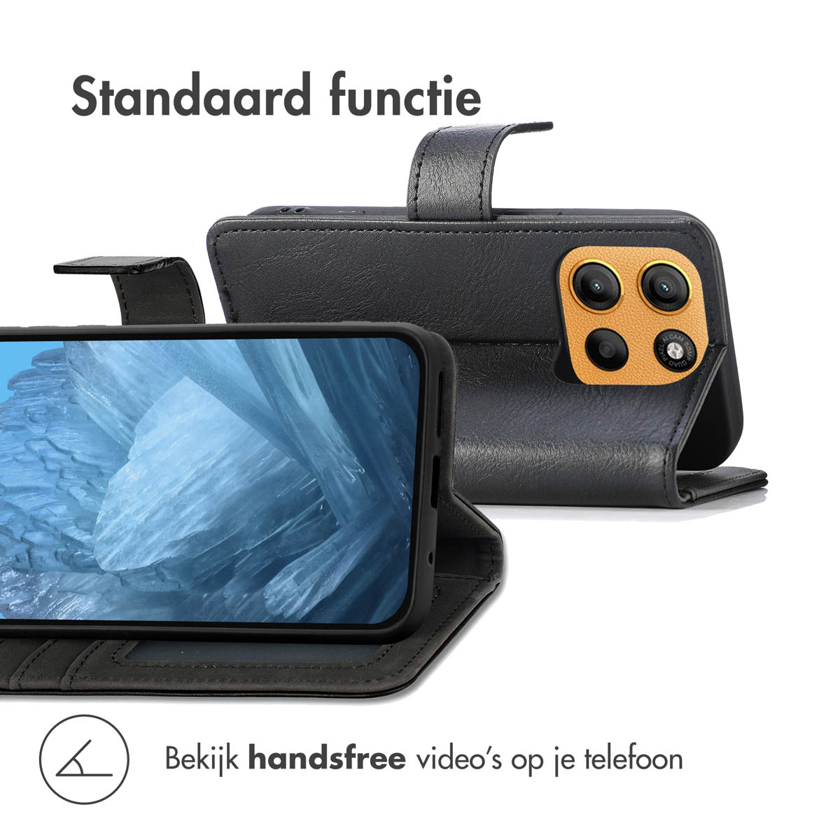 Zwarte telefoonhoes met telefoon erin, open naar de zijkant, met standaard. Tekst: Handsfree video's.