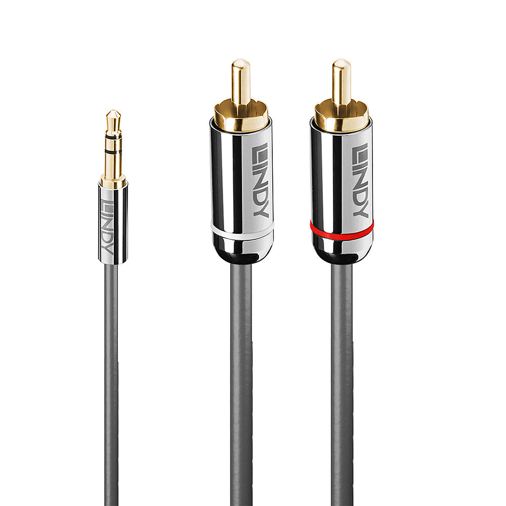 Trois câbles audio Lindy : une prise jack 3,5 mm et deux connecteurs RCA.