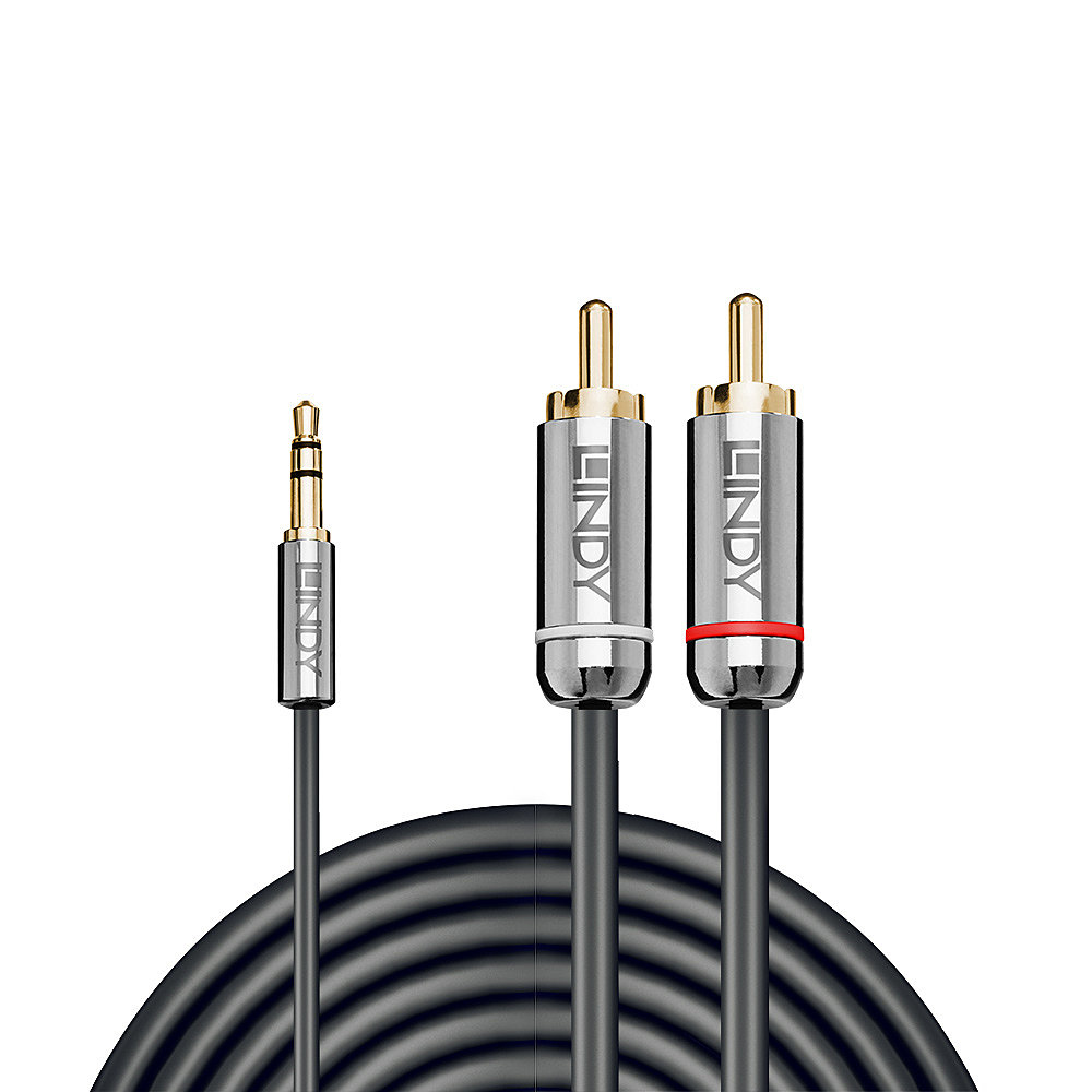 Trois câbles audio Lindy : prise jack 3,5 mm et deux connecteurs RCA sur câble gris.