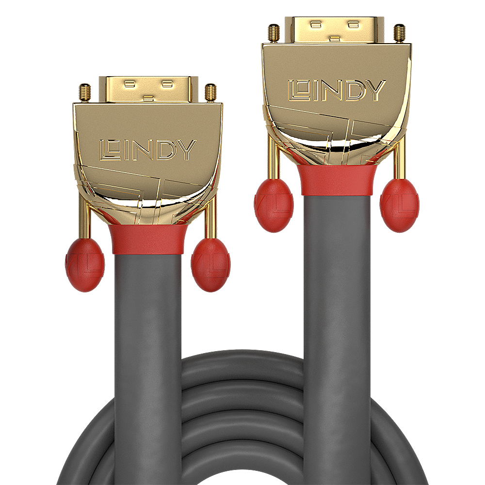 Due cavi HDMI Lindy dorati con sfere rosse. I cavi sono su un cavo grigio.