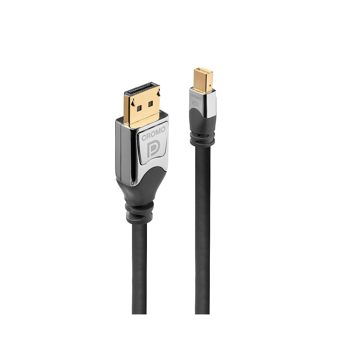 Un cavo Cromo Mini DisplayPort nero e argento. Ha due connettori.