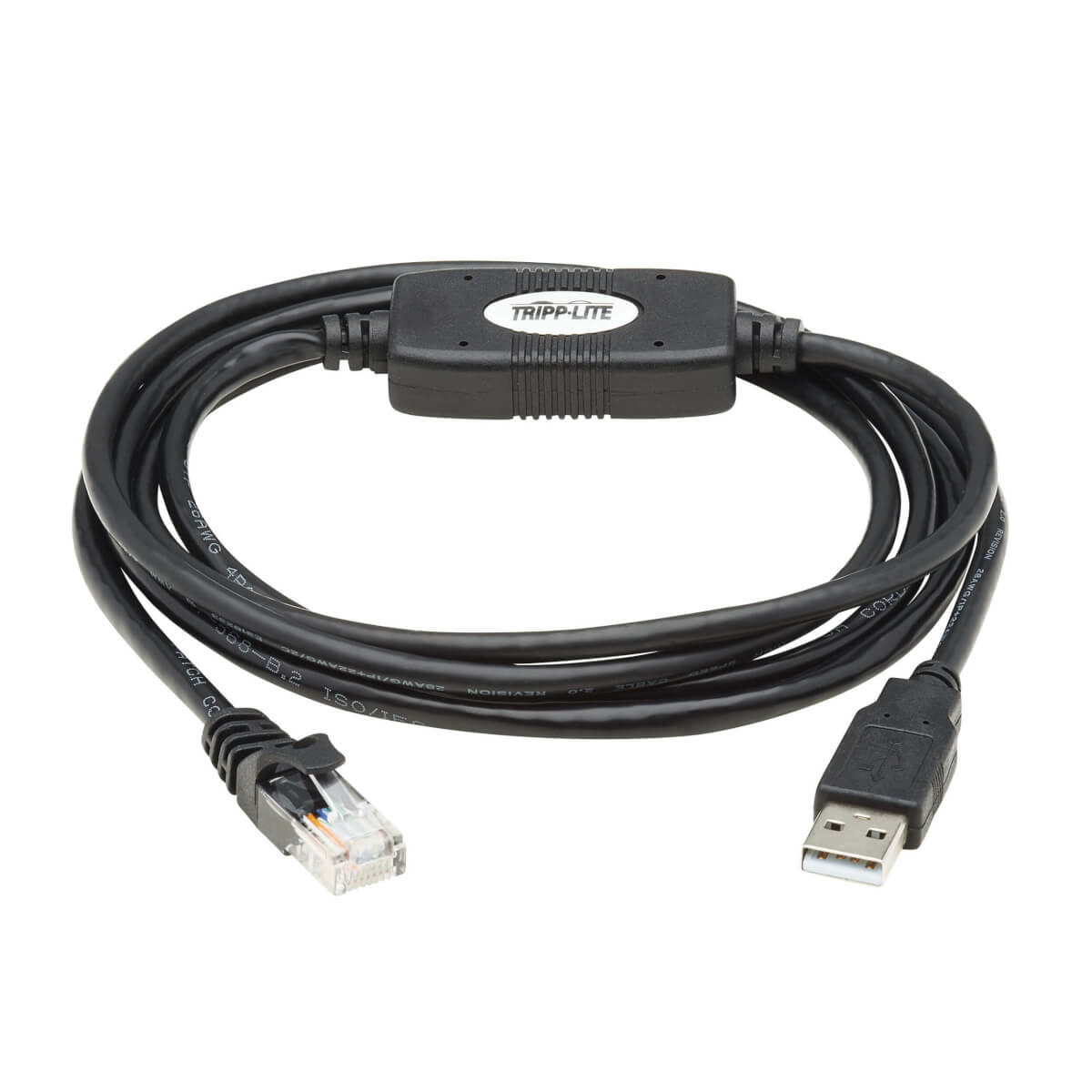 Cavo USB nero con estremità RJ45 e USB-A, con un connettore Tripp-Lite al centro.
