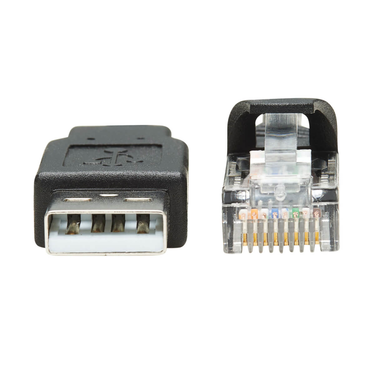 Connettori USB-A e RJ45 neri su sfondo bianco. Connettore RJ45 trasparente.