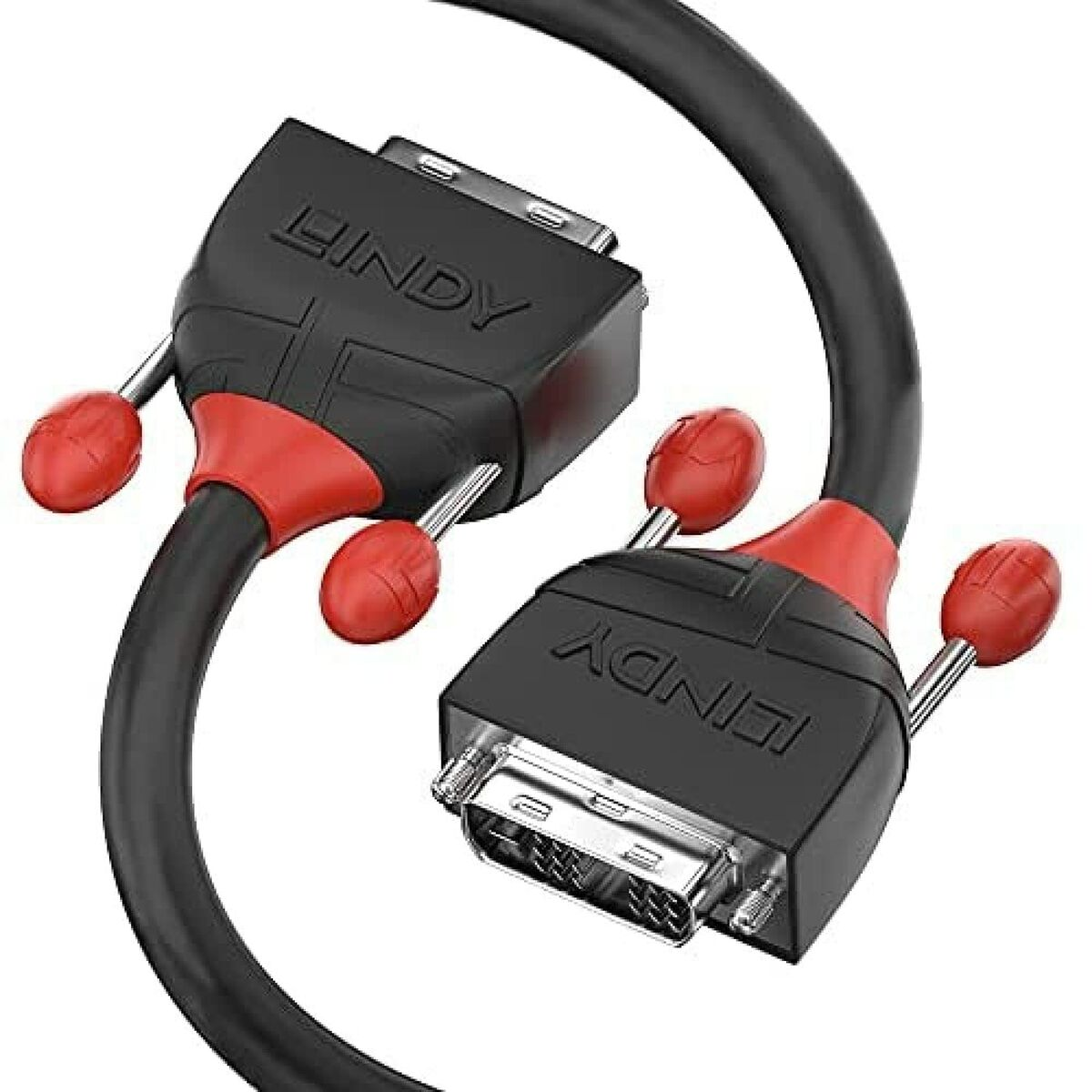 Deux câbles DVI noirs avec des touches de rouge et la marque LINDY, sur fond blanc.