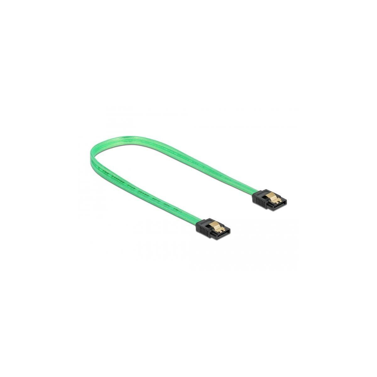 Cavo SATA verde con connettori neri, su sfondo bianco.