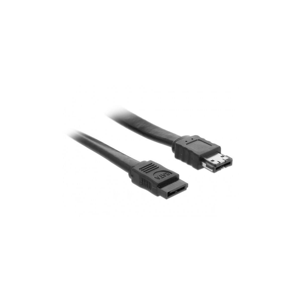 Un cavo SATA nero con due connettori su sfondo bianco.