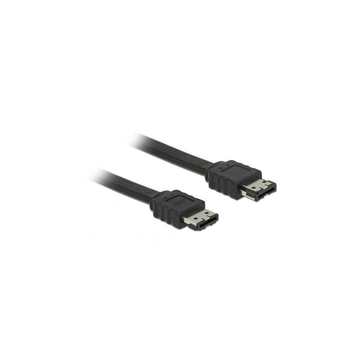 Cavo SATA nero con due connettori, su sfondo bianco.