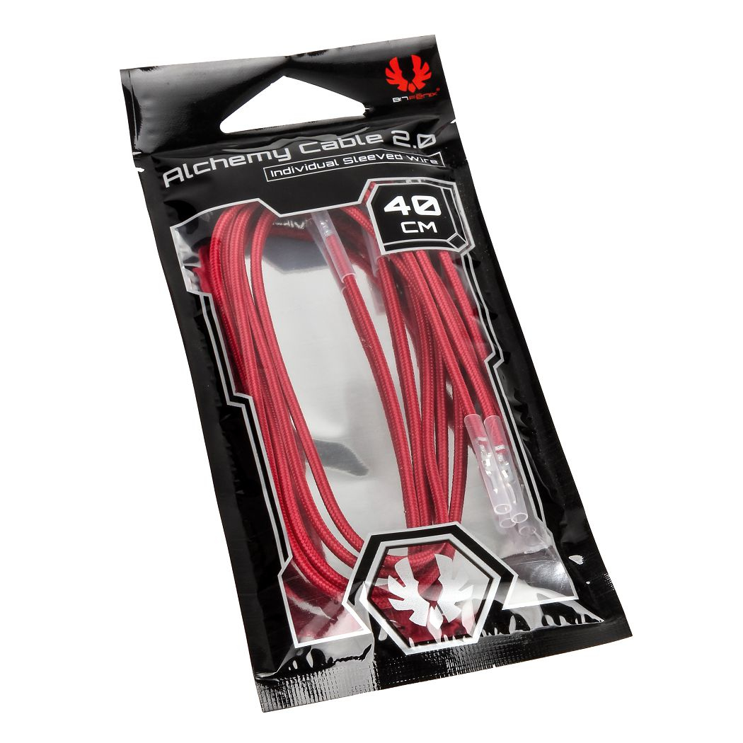 Cavo Alchemy rosso in sacchetto nero con punte trasparenti, lungo 40 cm.