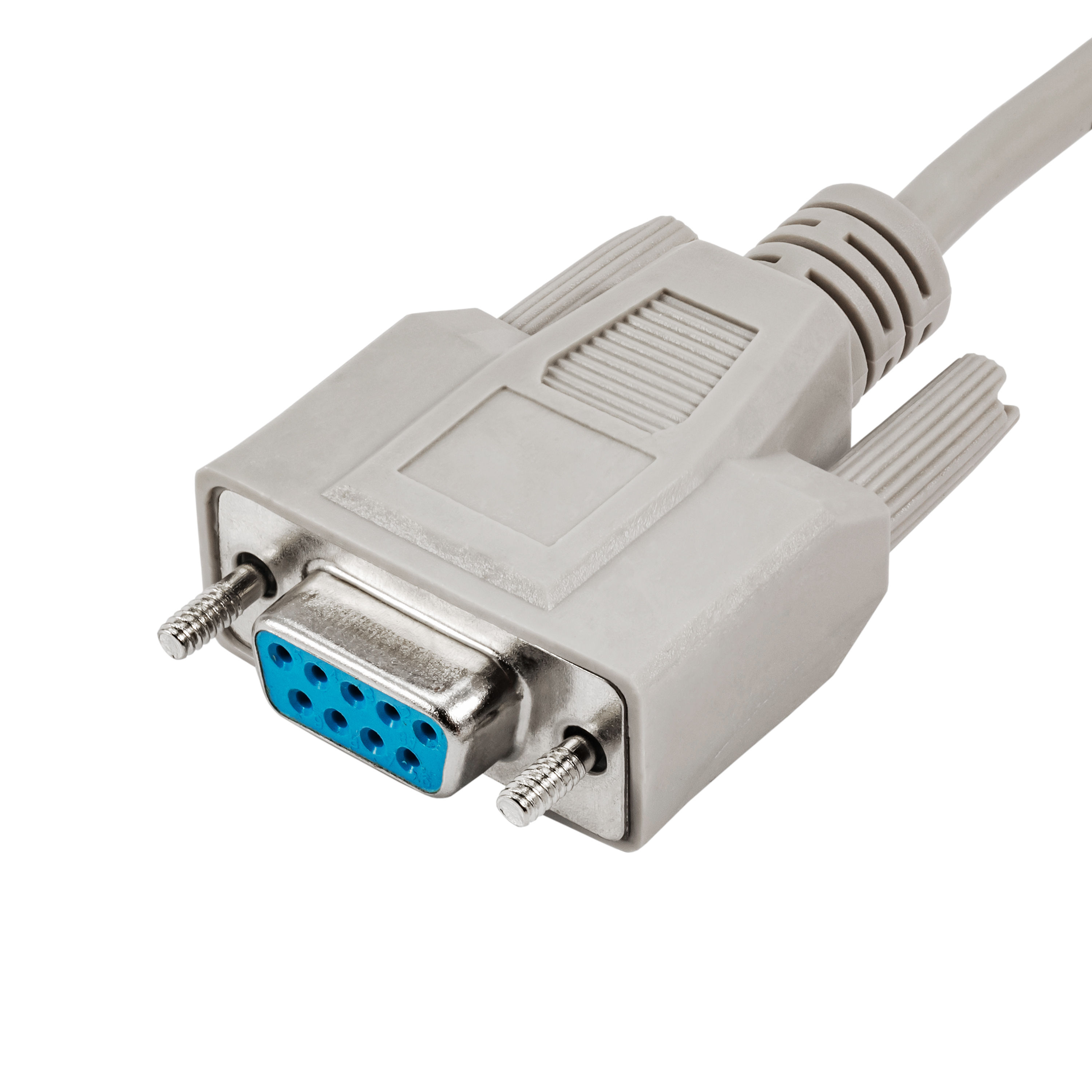 Un connettore DB9 grigio. Ha fori blu per i pin e fori per le viti. È su sfondo bianco.