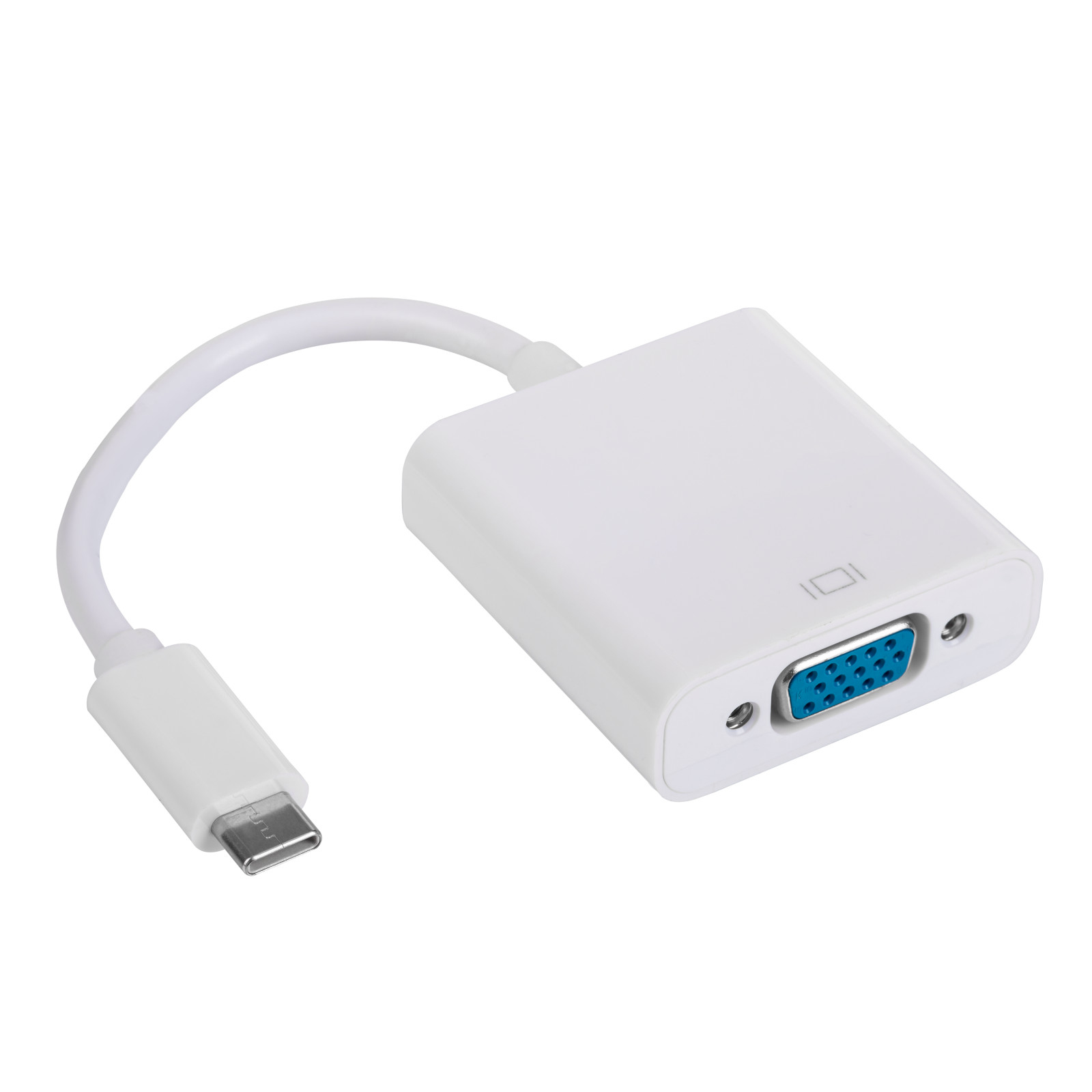 Un adattatore USB-C a VGA bianco con connettore blu.
