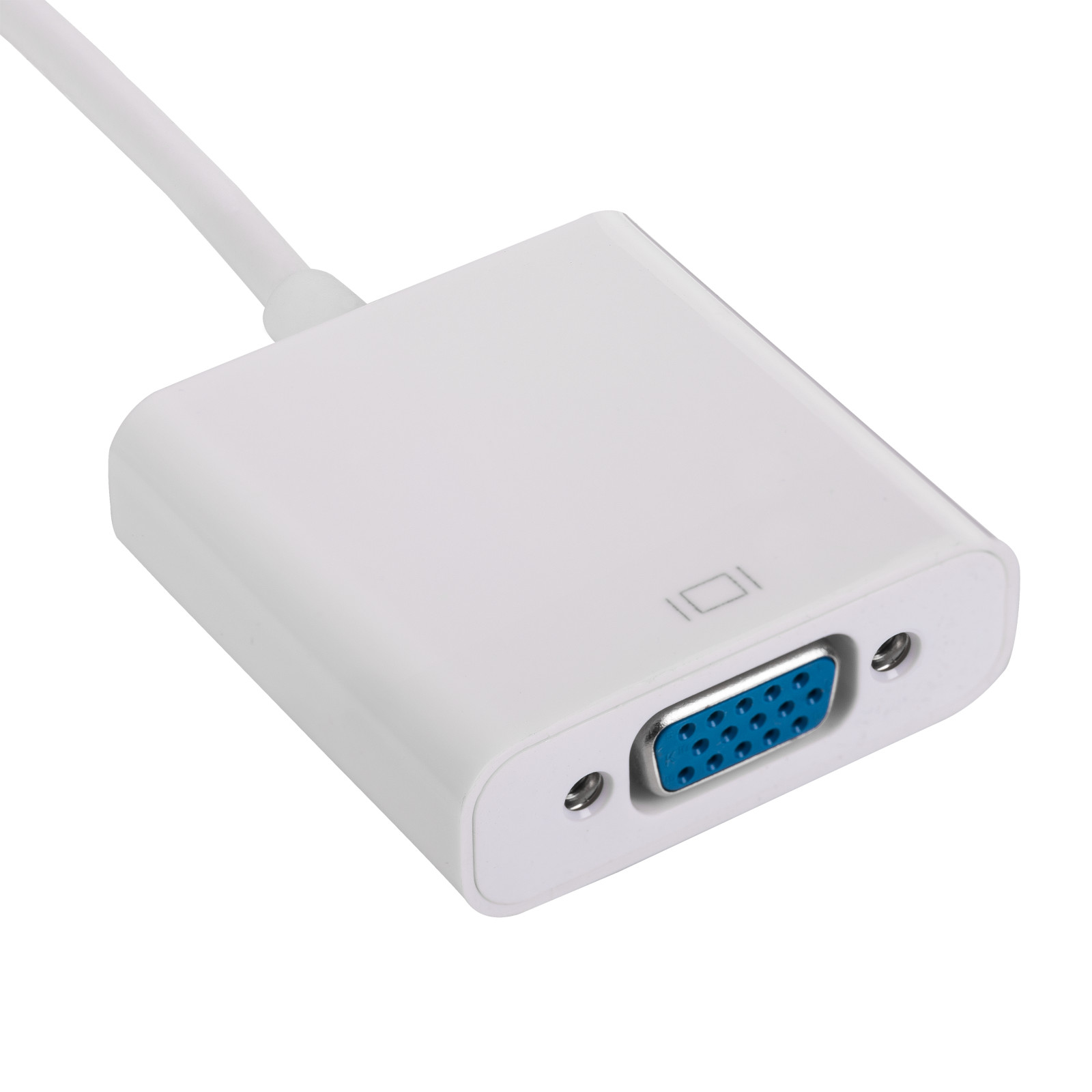 Un adattatore USB-C a VGA bianco con connettore blu.