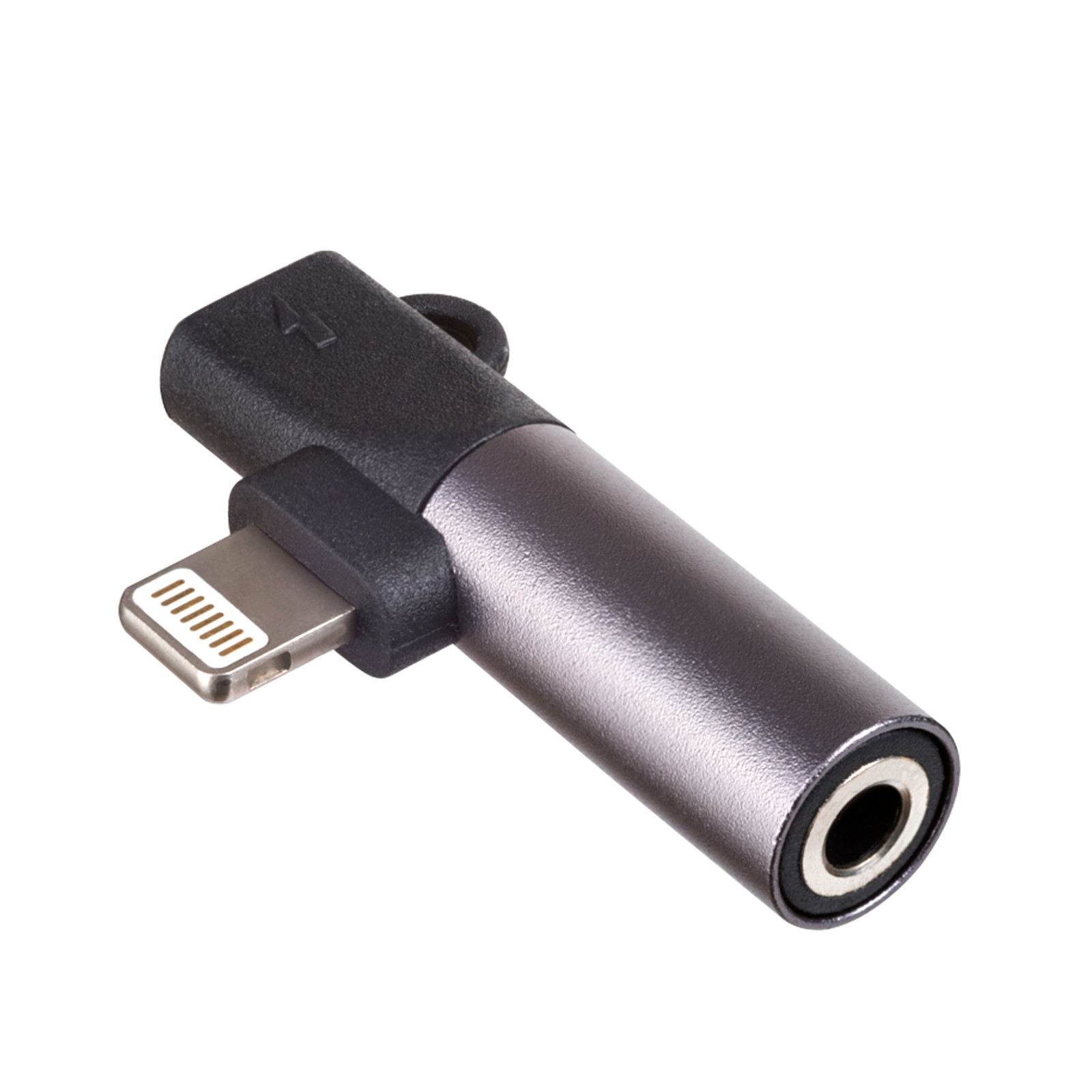 Un adattatore argento e nero con connettore Lightning e jack audio.