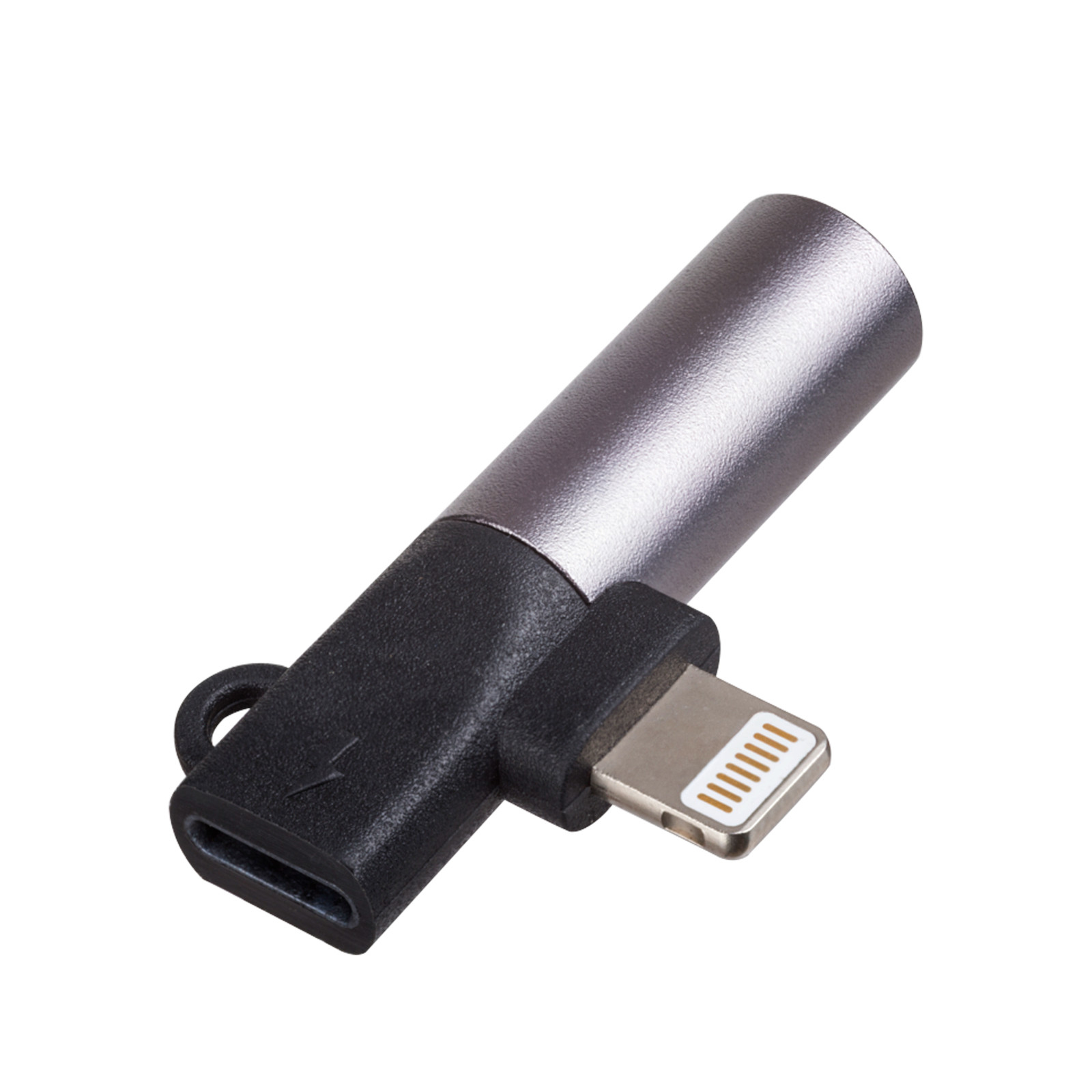 Un adattatore argento e nero con connettore Lightning e USB-C.
