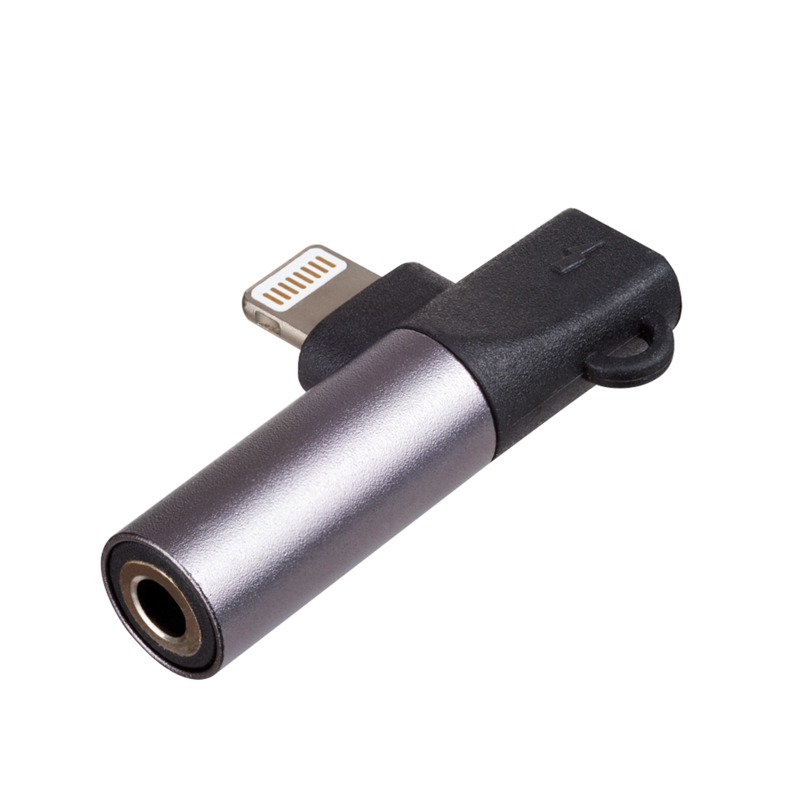 Un adattatore argento e nero con connettore Lightning e jack audio.