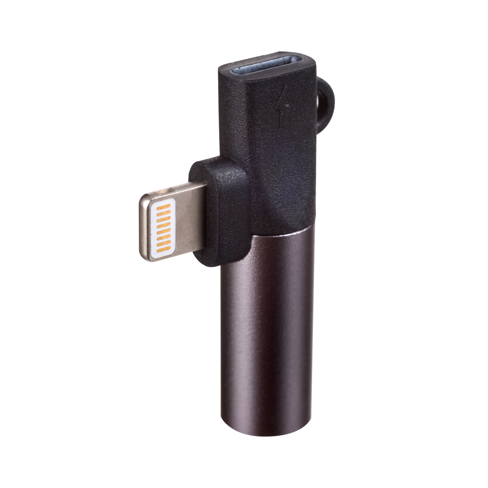 Un adattatore argento e nero con connettore Lightning e USB-C.