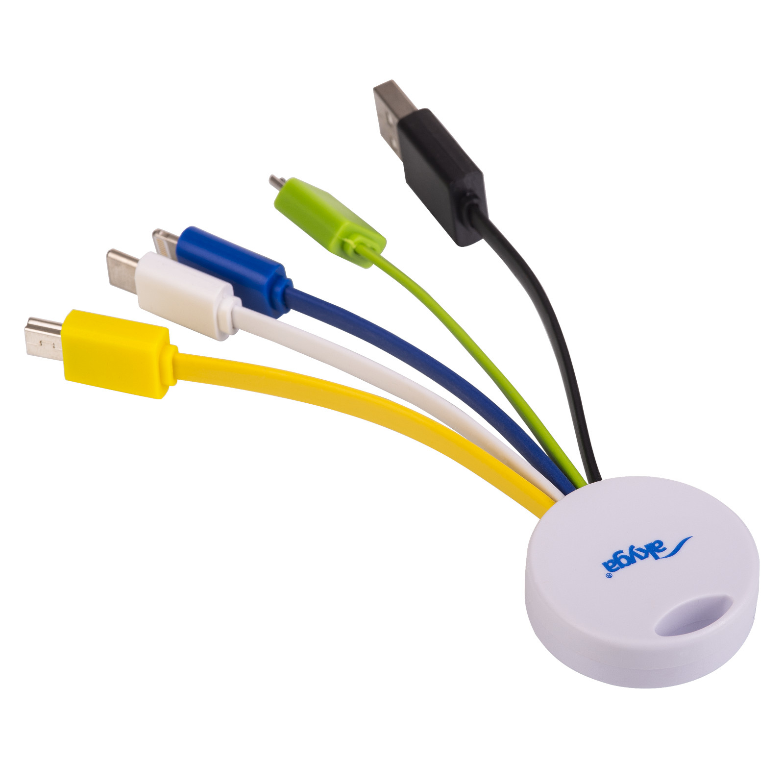 Biały organizer kabli z różnymi złączami USB i innymi: USB, mini-USB, micro-USB i Lightning.