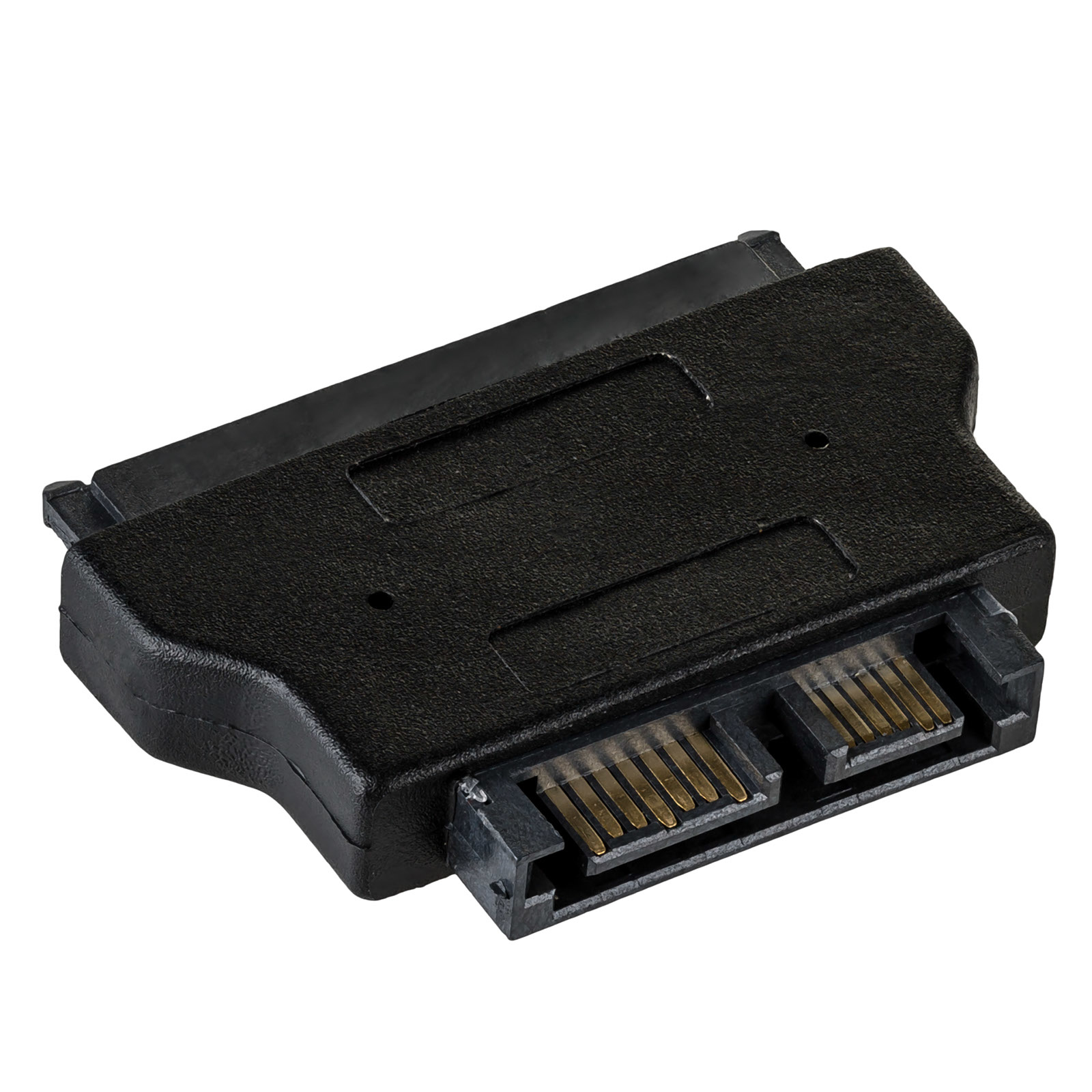 Adattatore SATA nero con pin dorati. È un adattatore di plastica nera con due interfacce.