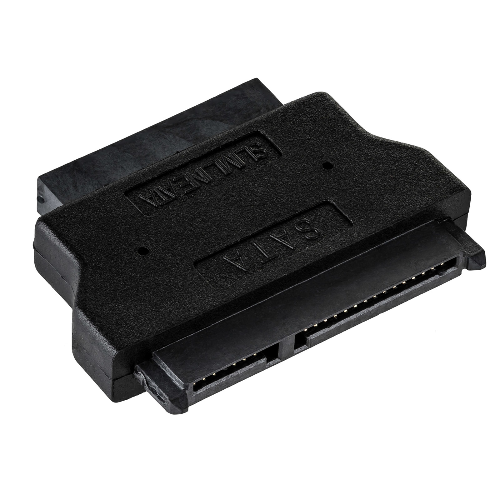Adattatore SATA nero con pin dorati. È un adattatore di plastica nera con due interfacce.