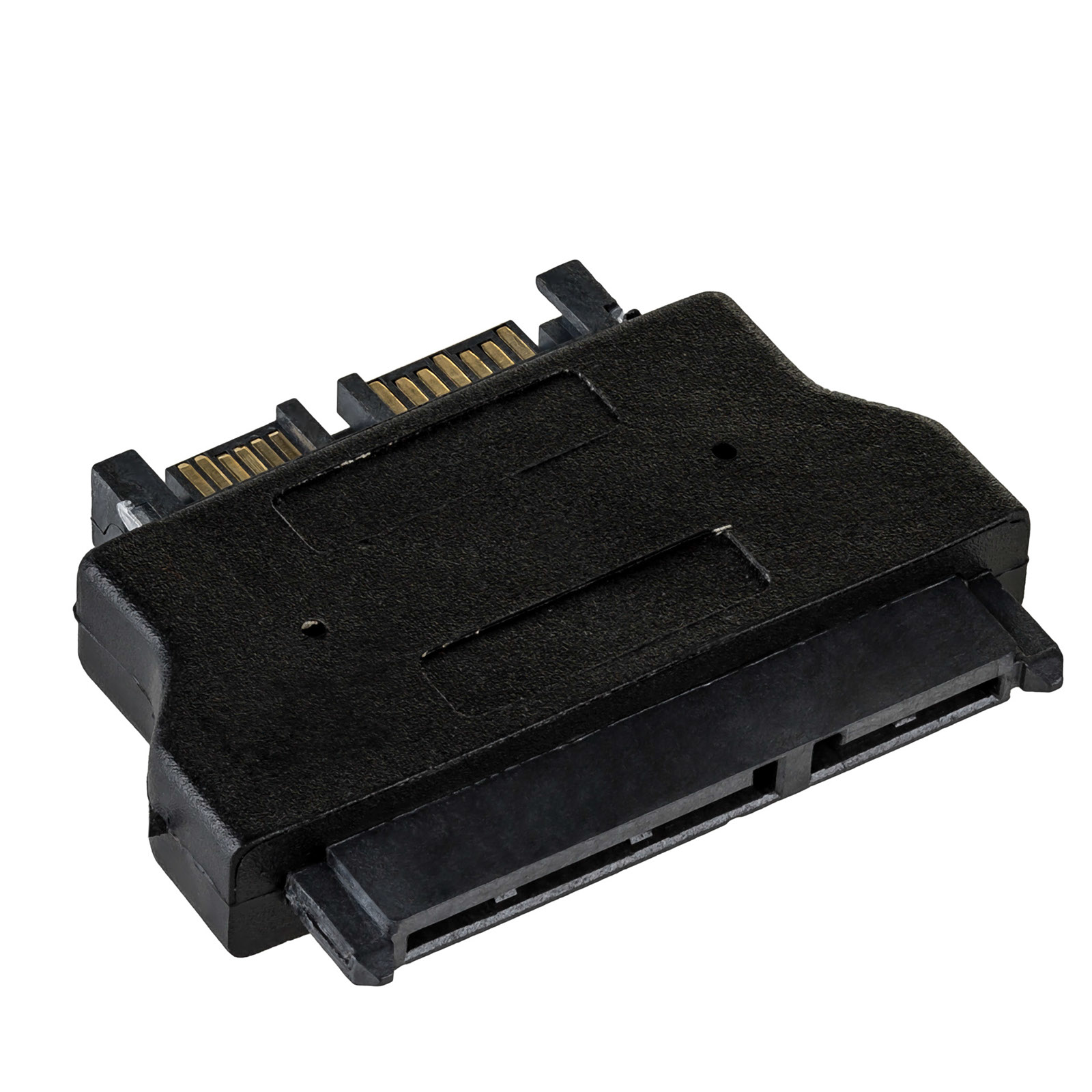 Adattatore SATA nero con pin dorati. È un adattatore di plastica nera con due interfacce.