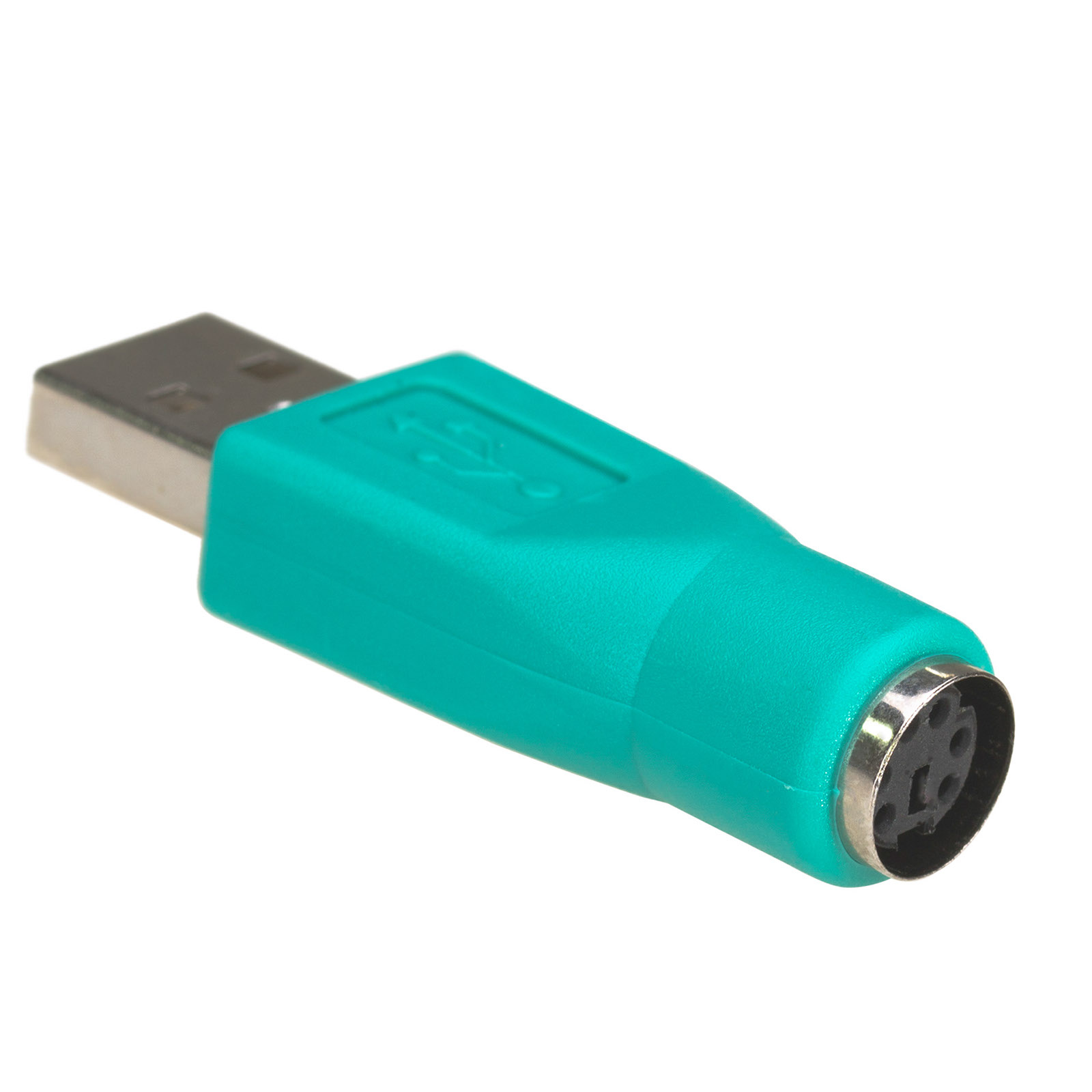 Adattatore da USB a PS/2 turchese. Spina USB da un lato, porta PS/2 dall'altro, con corpo in plastica verde.