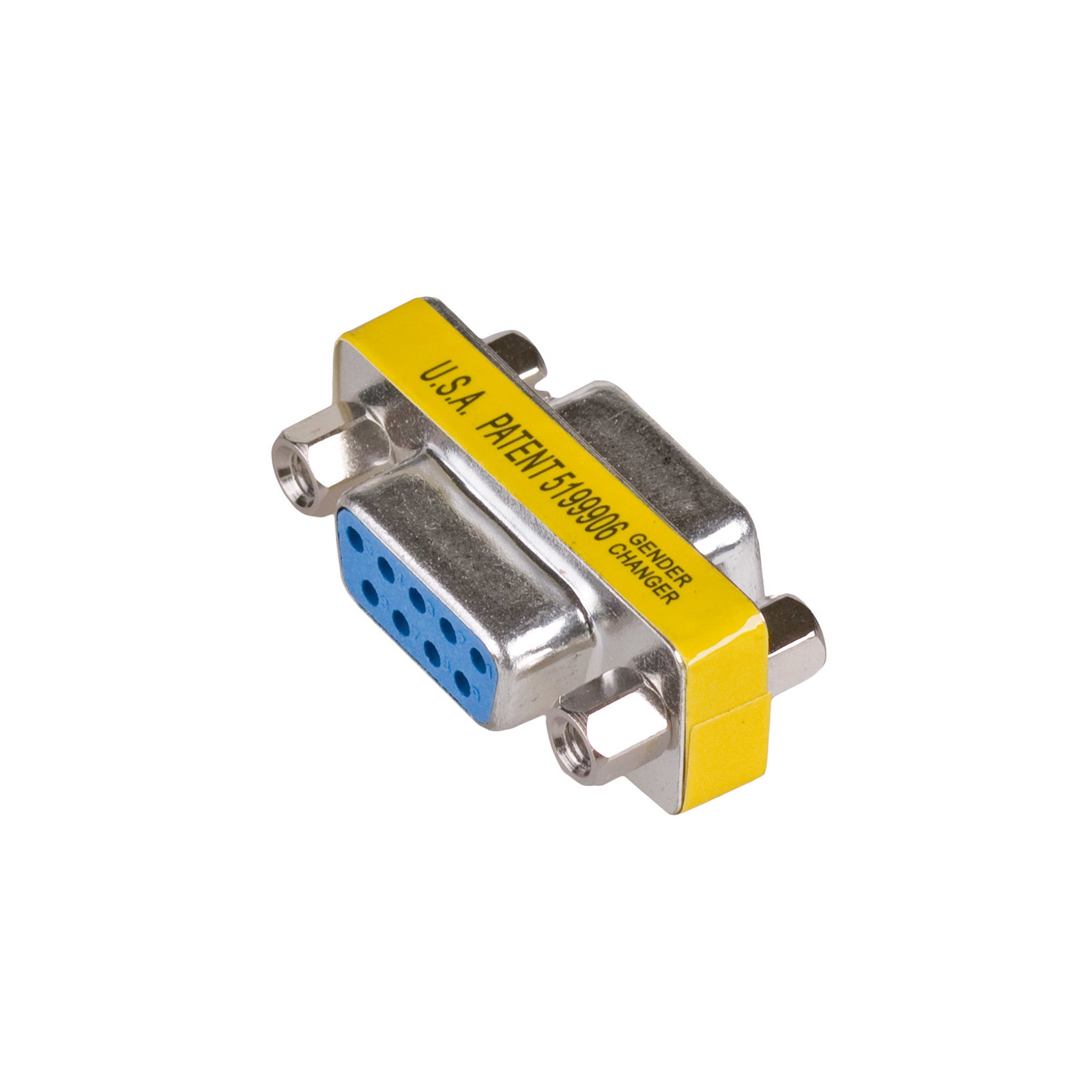 Un adattatore per il cambio di genere argento e giallo. Ha una porta blu e diverse viti.