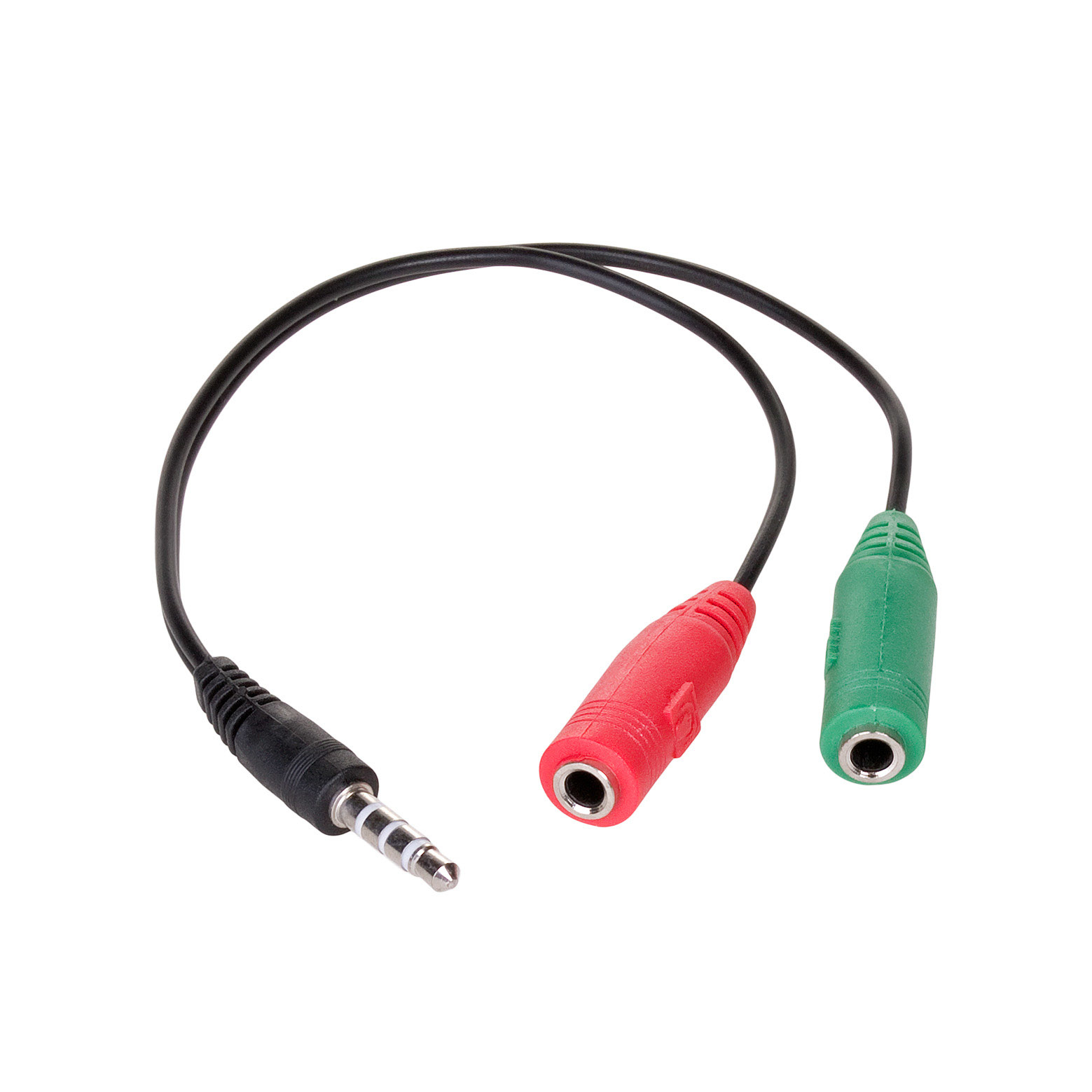Un cavo sdoppiatore audio con jack da 3,5 mm, porta rossa e porta verde.
