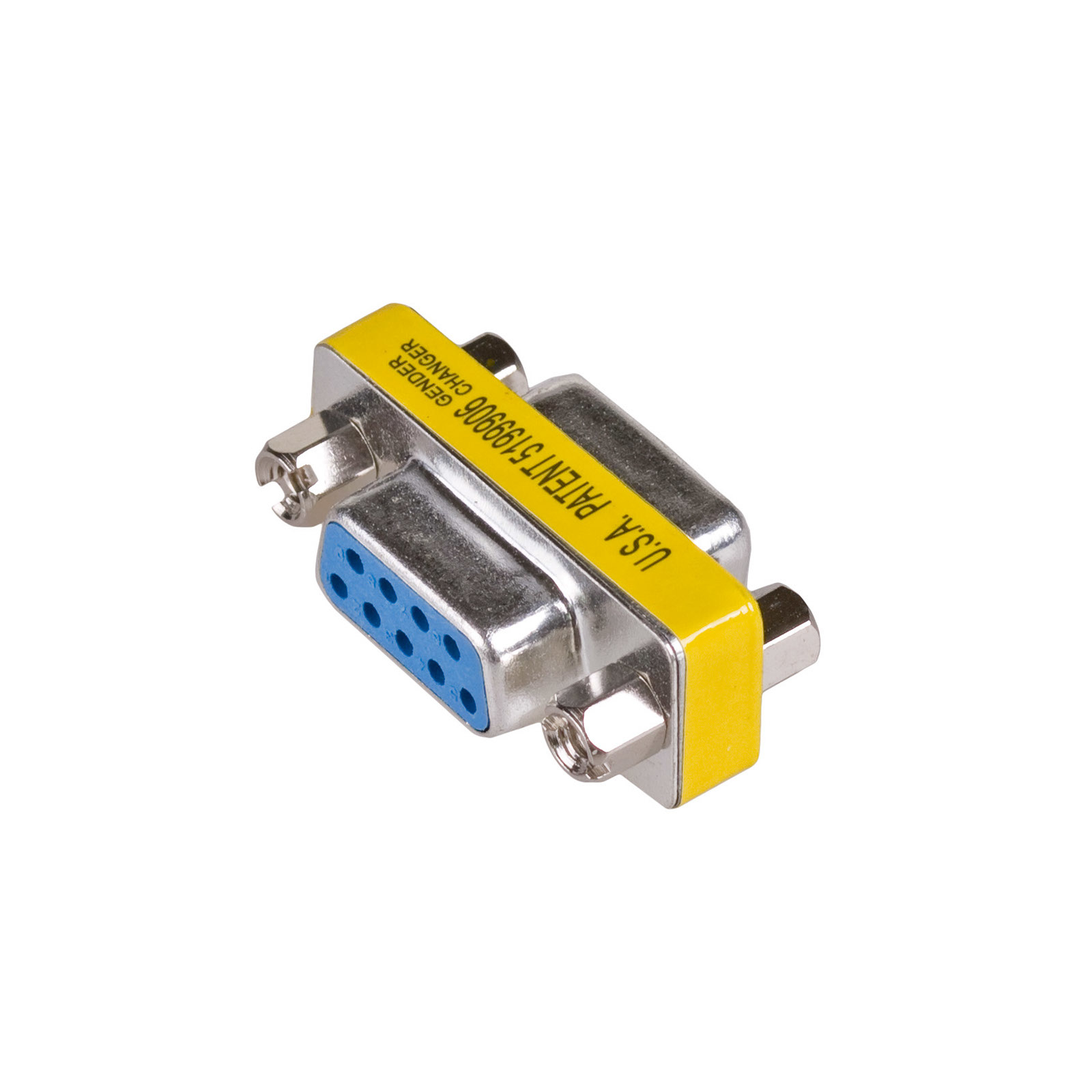 Un adattatore per il cambio di genere argento e giallo. Ha una porta blu e diverse viti.