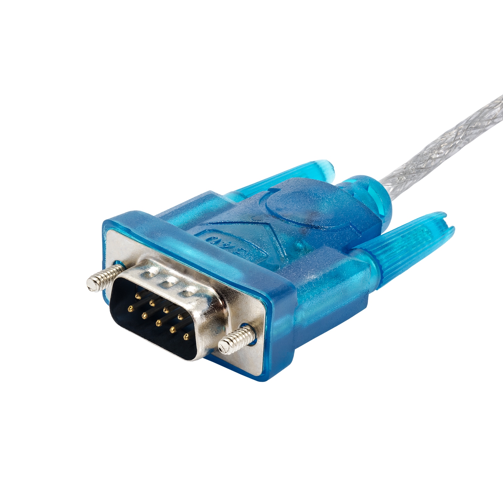 Connettore per cavo seriale blu e argento su sfondo bianco. Nove pin visibili.