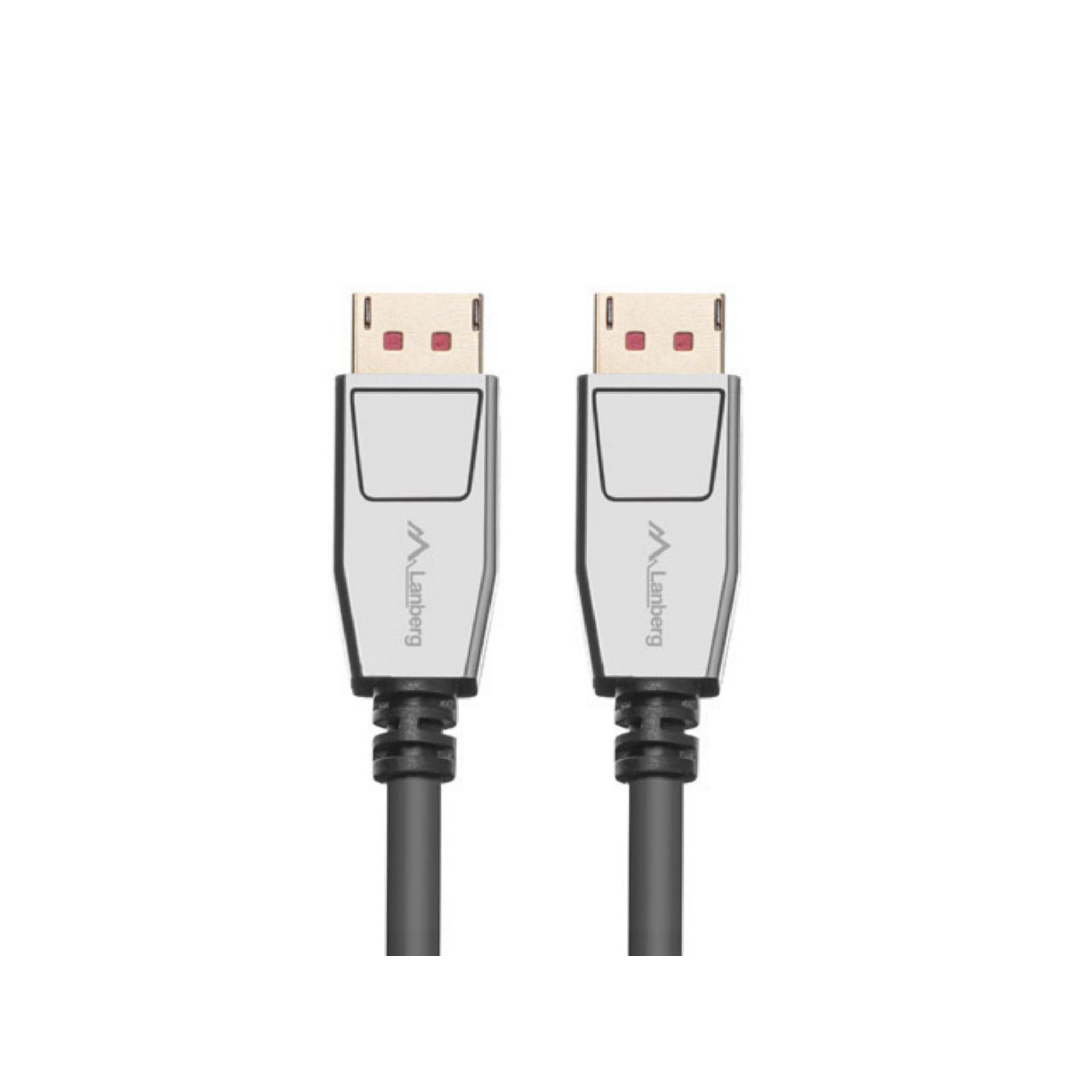 Deux câbles DisplayPort avec connecteurs argentés. Câbles noirs. Fond blanc.