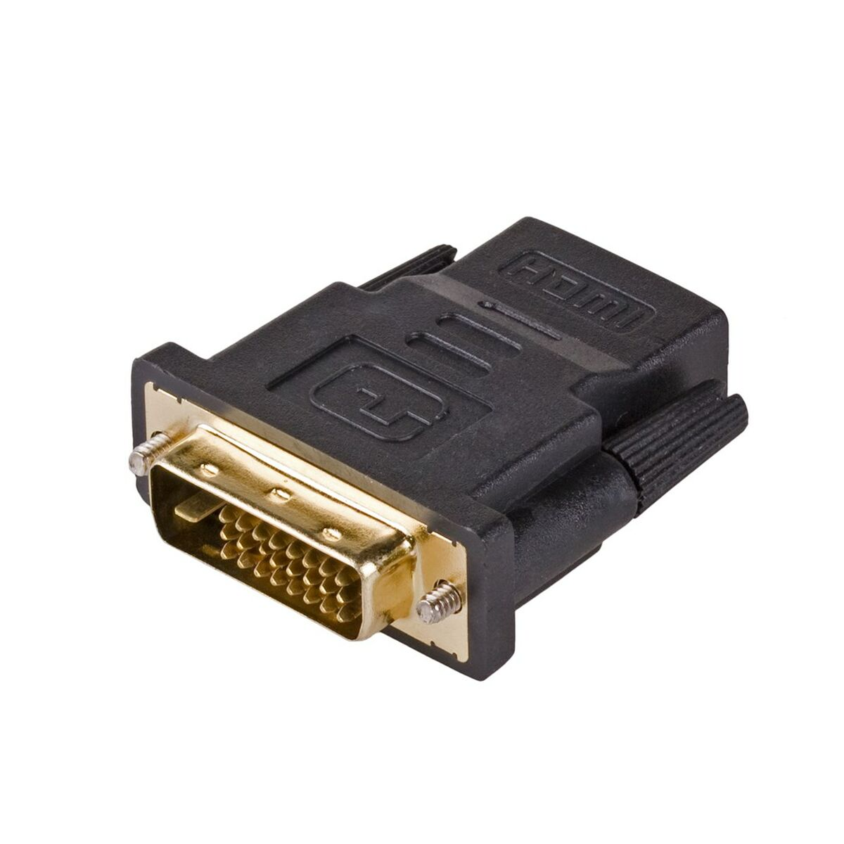 Czarny adapter HDMI do DVI. Złote złącze z pinami. Czarna plastikowa obudowa. Białe tło.