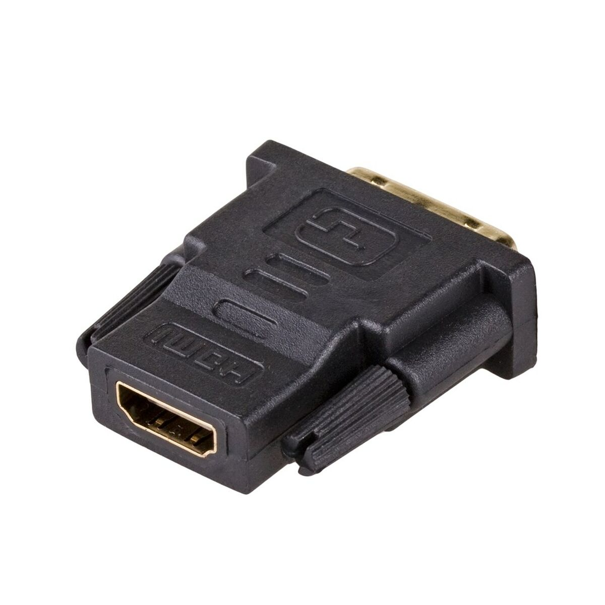 Czarny adapter HDMI do DVI. Czarna plastikowa obudowa. Białe tło.