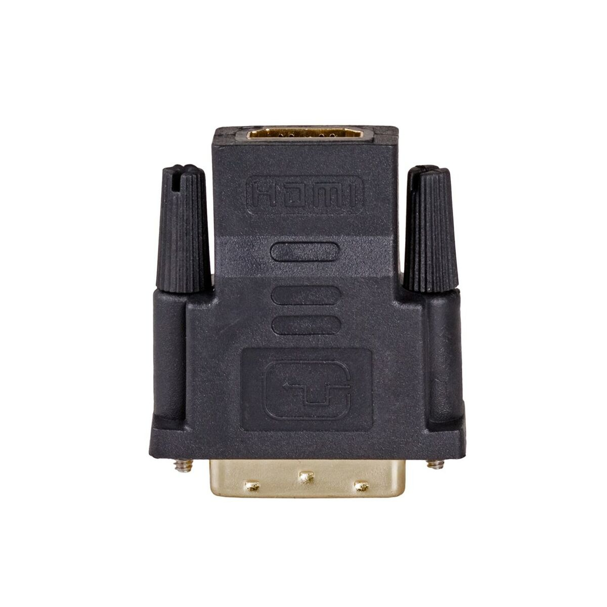 Czarny adapter HDMI do DVI. Widok z bliska. Czarna obudowa. Złote złącze. Białe tło.