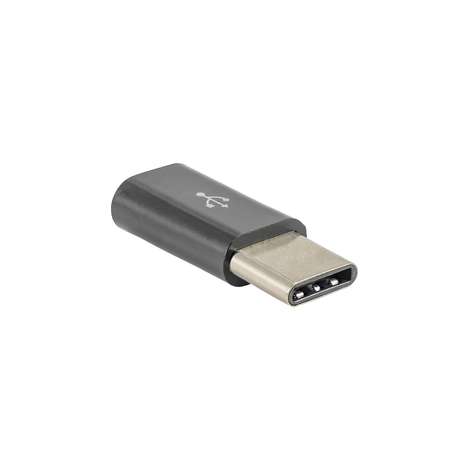 Adattatore USB-C nero. Estremità argentata. Sfondo bianco. Simbolo USB visibile.