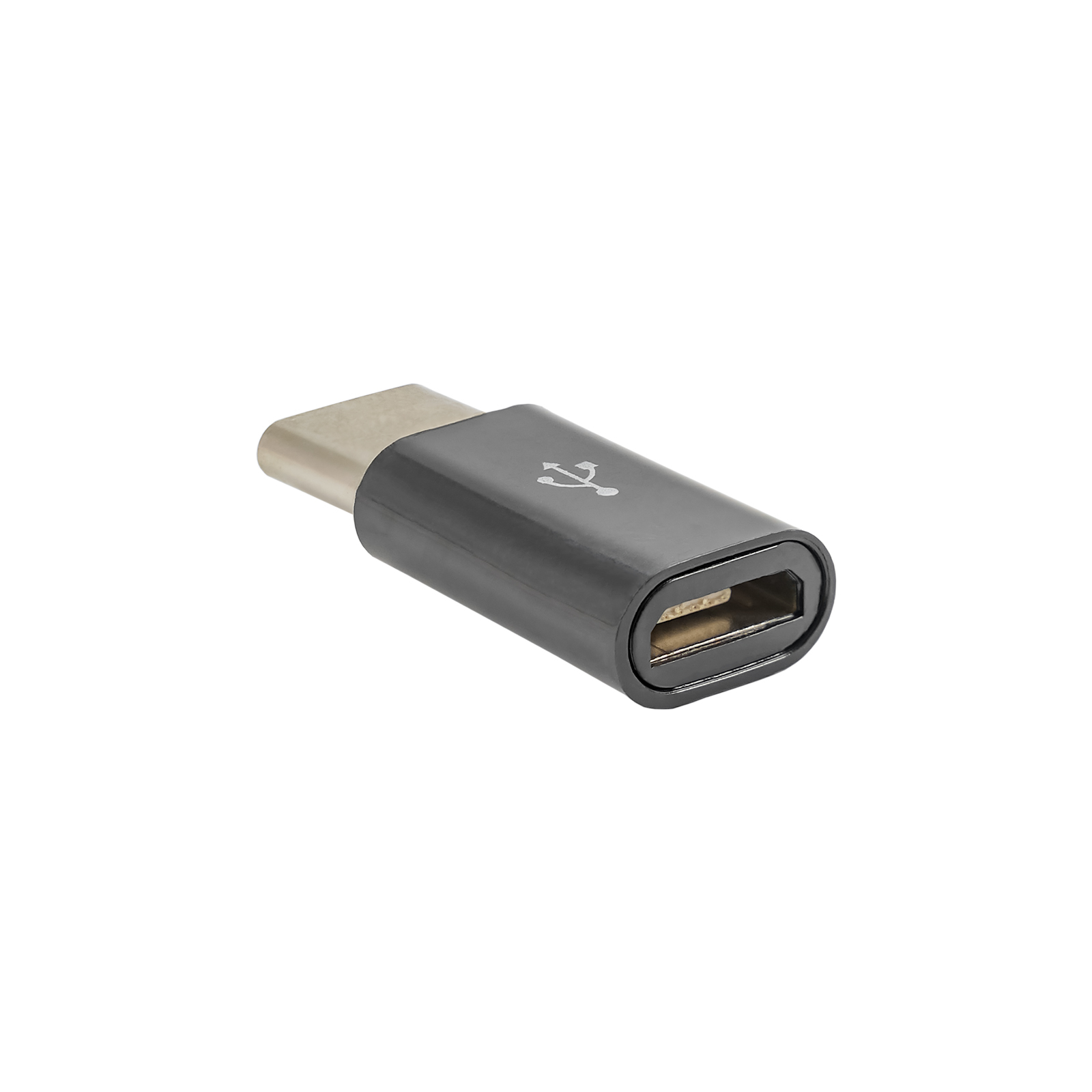 Adattatore USB-C a USB nero. Estremità argentata. Sfondo bianco.