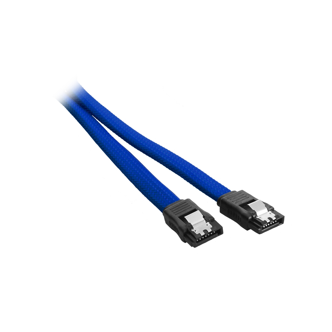 Due connettori SATA intrecciati blu su sfondo bianco, vista angolata.