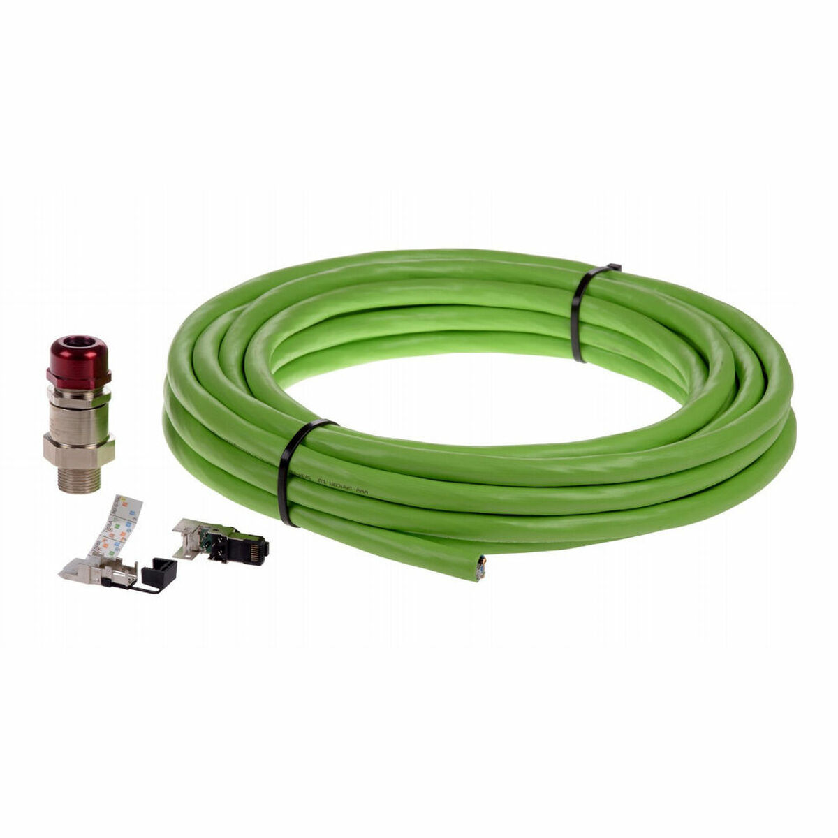 Cavo di rete verde arrotolato, con connettore e componenti. Cinturino nero lo fissa.