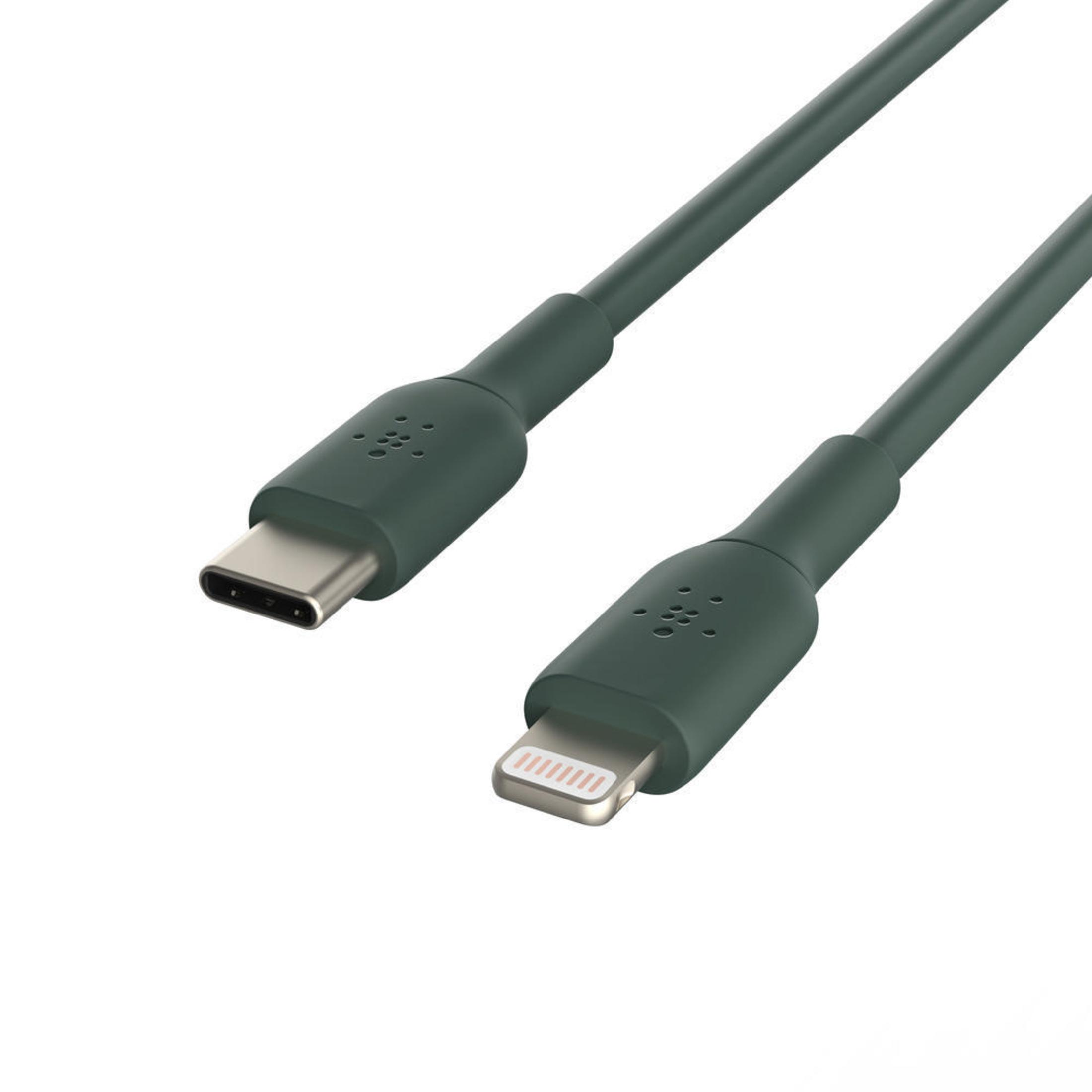 Ciemnozielony kabel USB-C do Lightning. Białe tło, ujęcie z góry, zbliżenie.