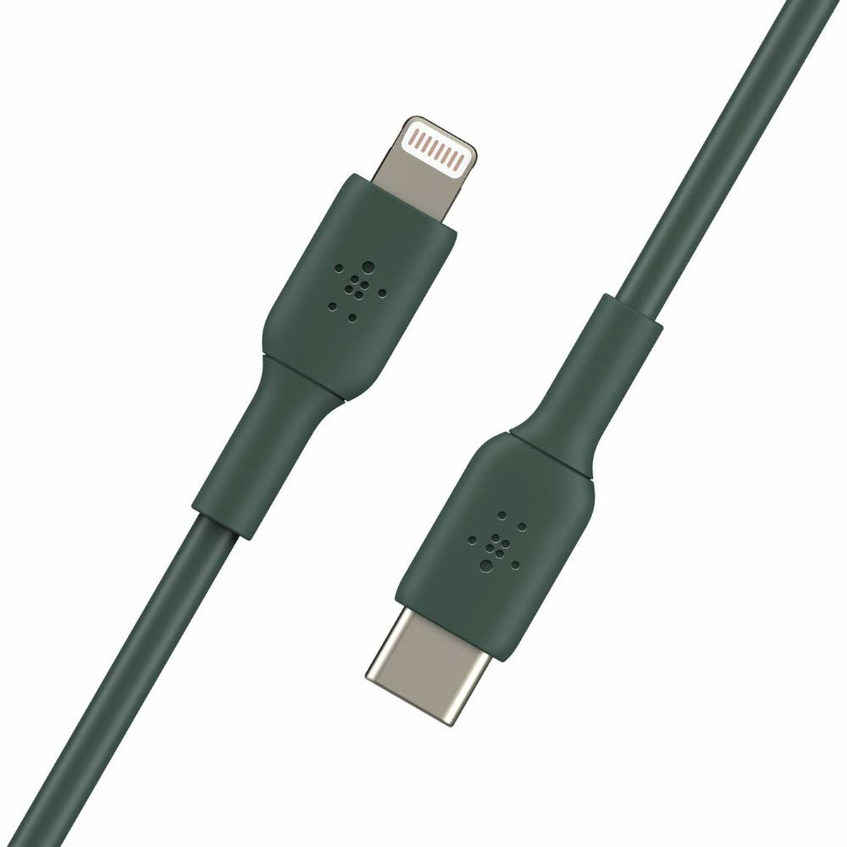 Ciemnozielony kabel USB-C do Lightning. Ciemnozielony kabel, złącza, marka Belkin.