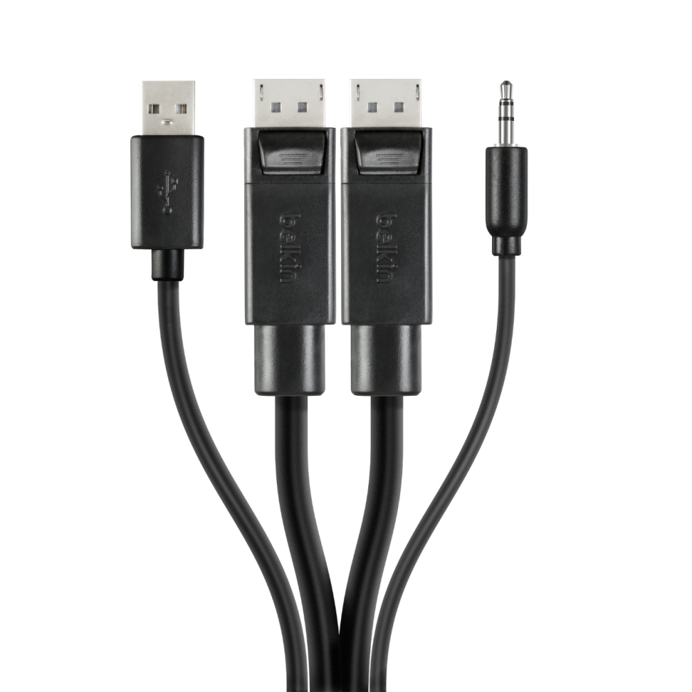 Un set di cavi neri con connettori USB, DisplayPort e audio, su sfondo bianco.