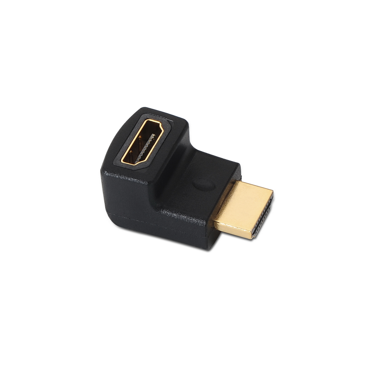 Adaptador HDMI negro con dos puertos HDMI, angulados a 90 grados, sobre fondo blanco.