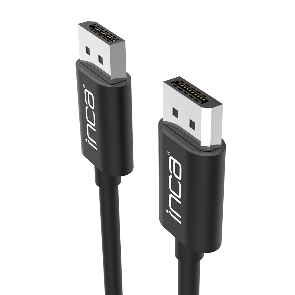 Twee zwarte Inca DisplayPort-kabels met witte connectoren. Witte achtergrond.