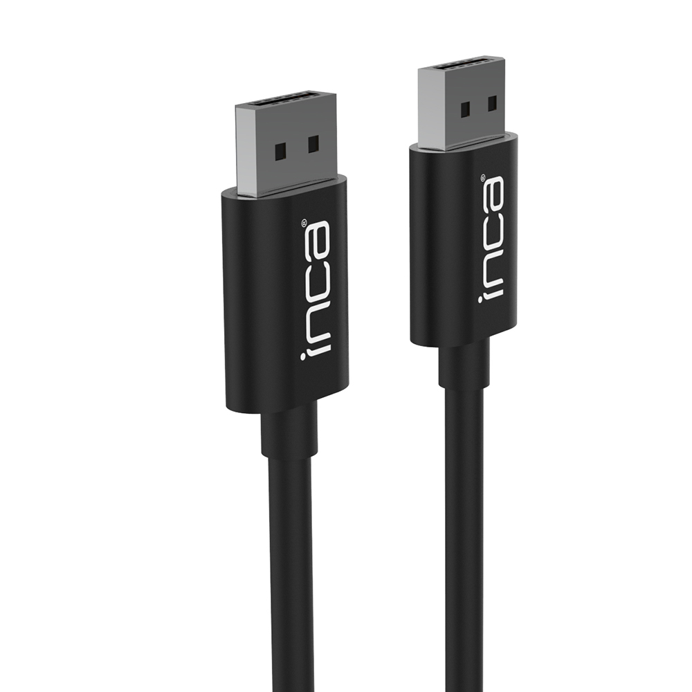 Twee zwarte Inca DisplayPort-kabels met witte connectoren. Witte achtergrond.