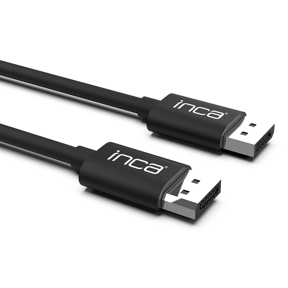 Twee zwarte Inca DisplayPort-kabels met witte connectoren. Witte achtergrond.