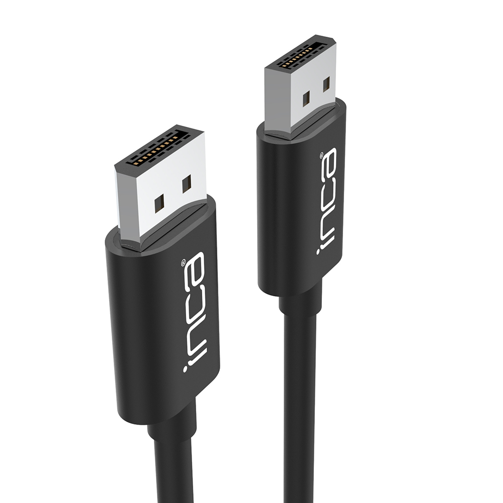 Twee zwarte Inca DisplayPort-kabels met witte connectoren. Witte achtergrond.