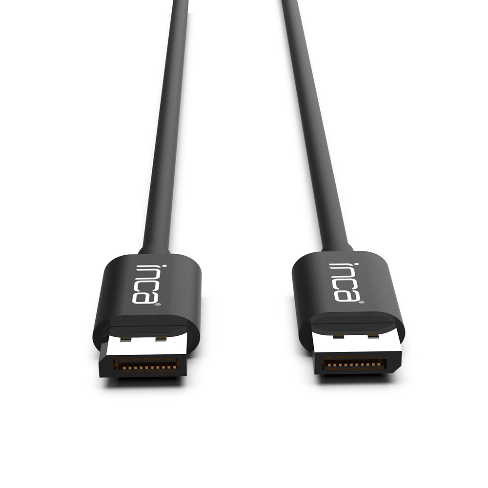 Twee zwarte Inca DisplayPort-kabels met witte connectoren. Witte achtergrond.
