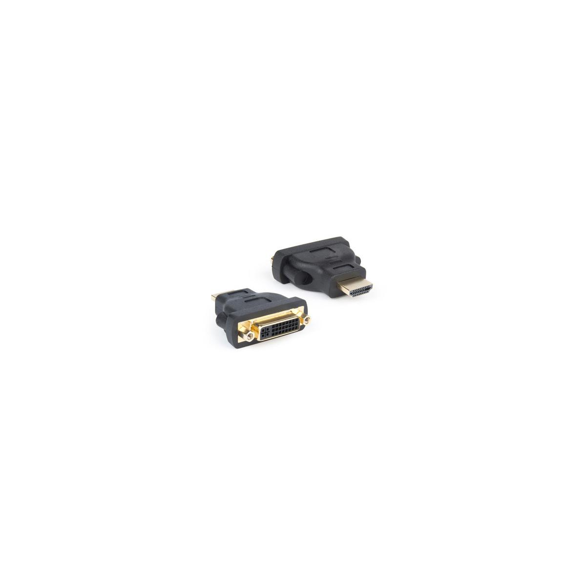 Due convertitori neri: uno HDMI a DVI, l'altro DVI a HDMI. Sfondo bianco.