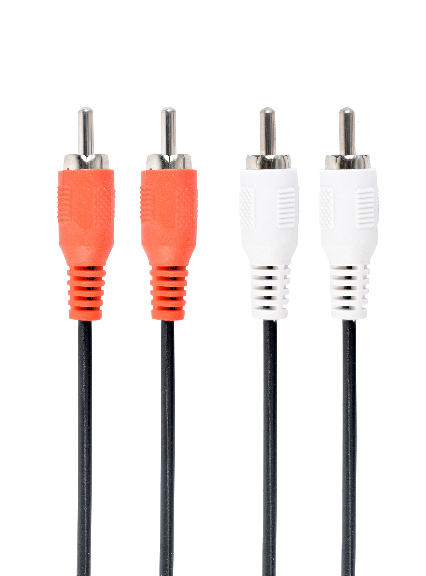 Four audio cables. Two red, two white connectors. Black cables. White background.