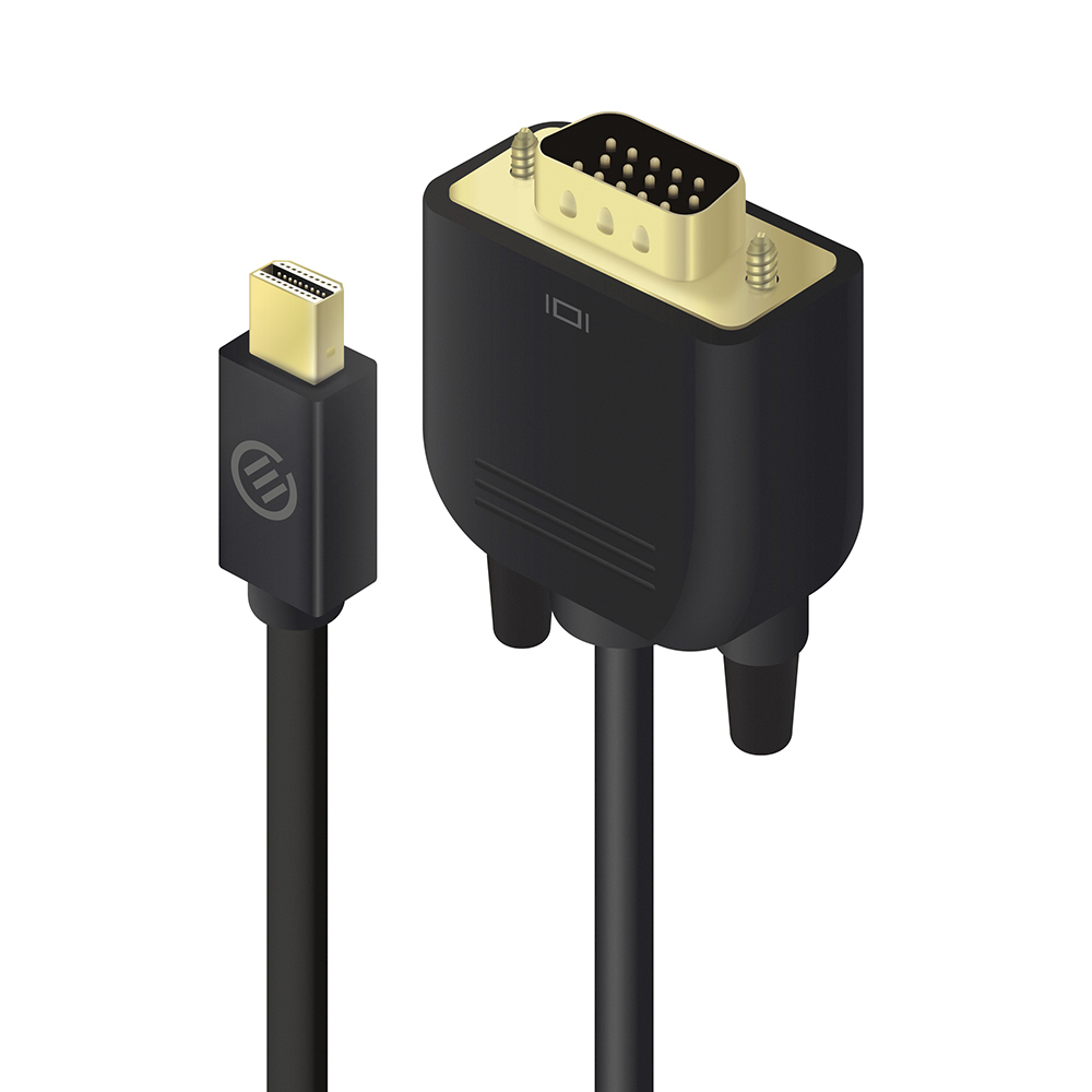 Adattatore da Mini DisplayPort a VGA nero. Cavo nero, sfondo bianco.