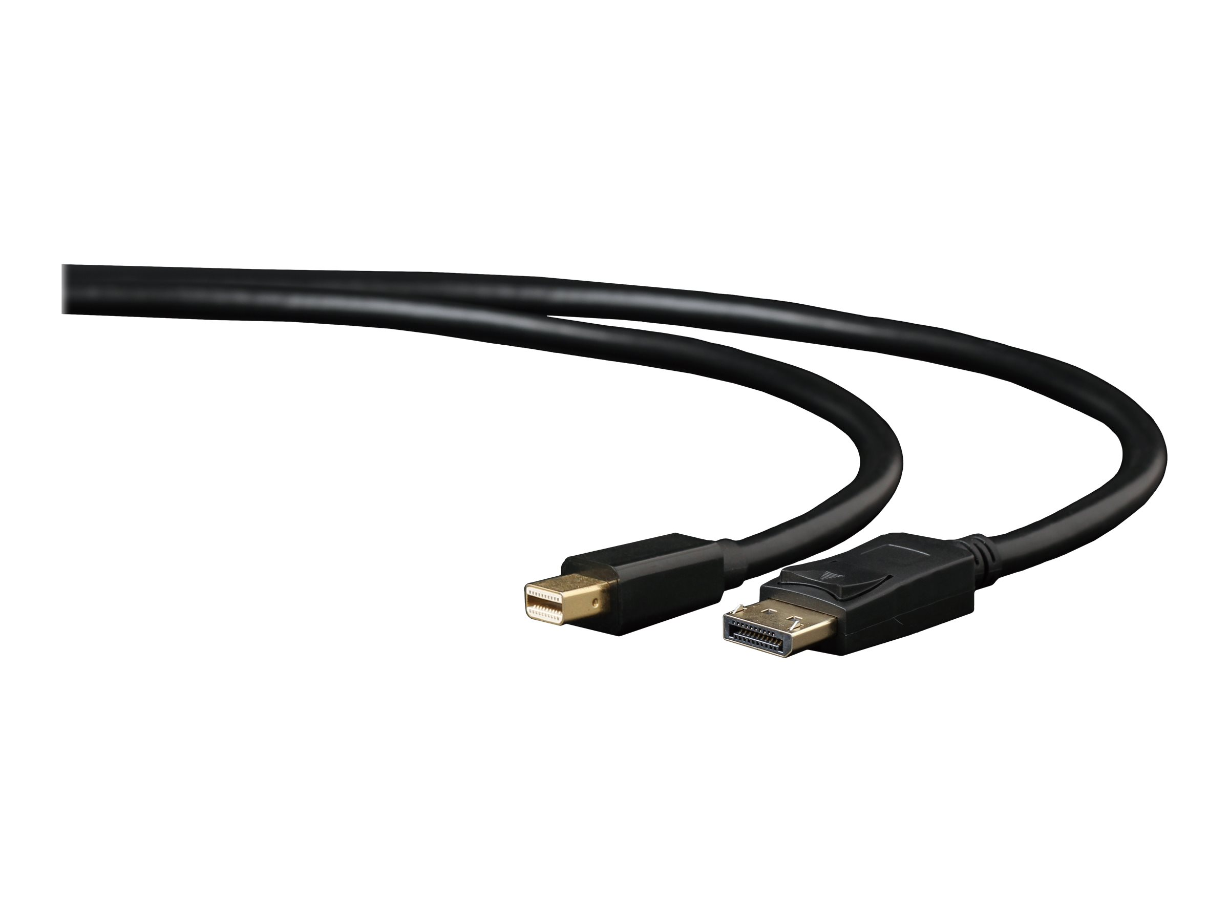 Cavo nero con Mini DisplayPort e connettore DisplayPort su sfondo bianco.