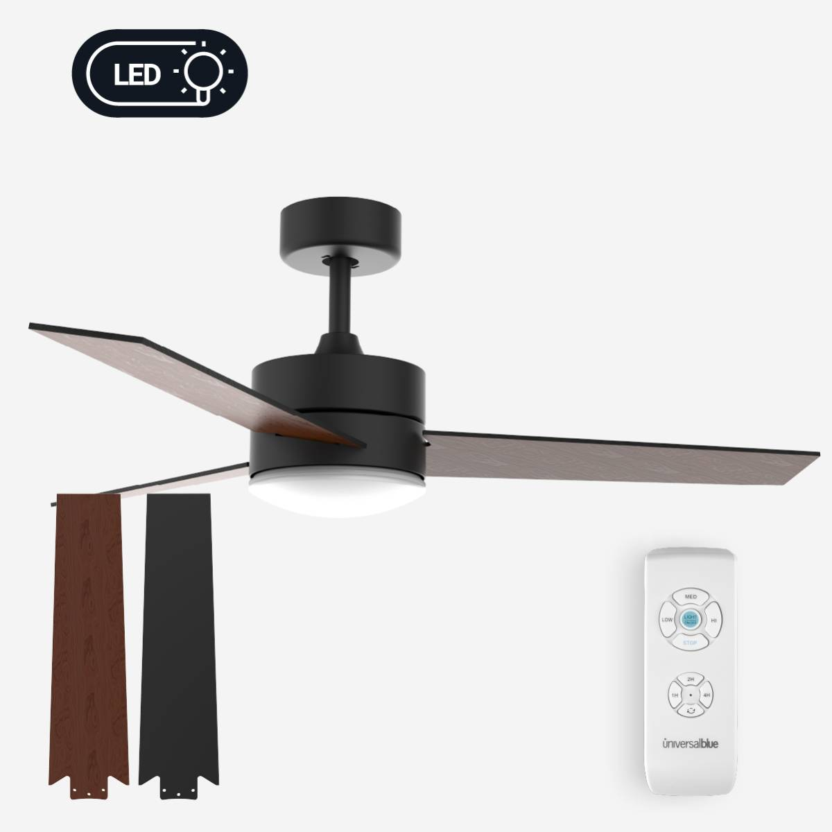 Un ventilatore da soffitto nero con pale marroni. Il ventilatore è su sfondo bianco.
